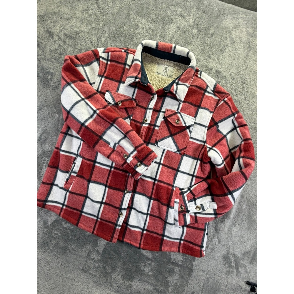 Sage Collective Red Plaid Sherpa Lined Fleece Shacket Jacket Women's XL 1535379
